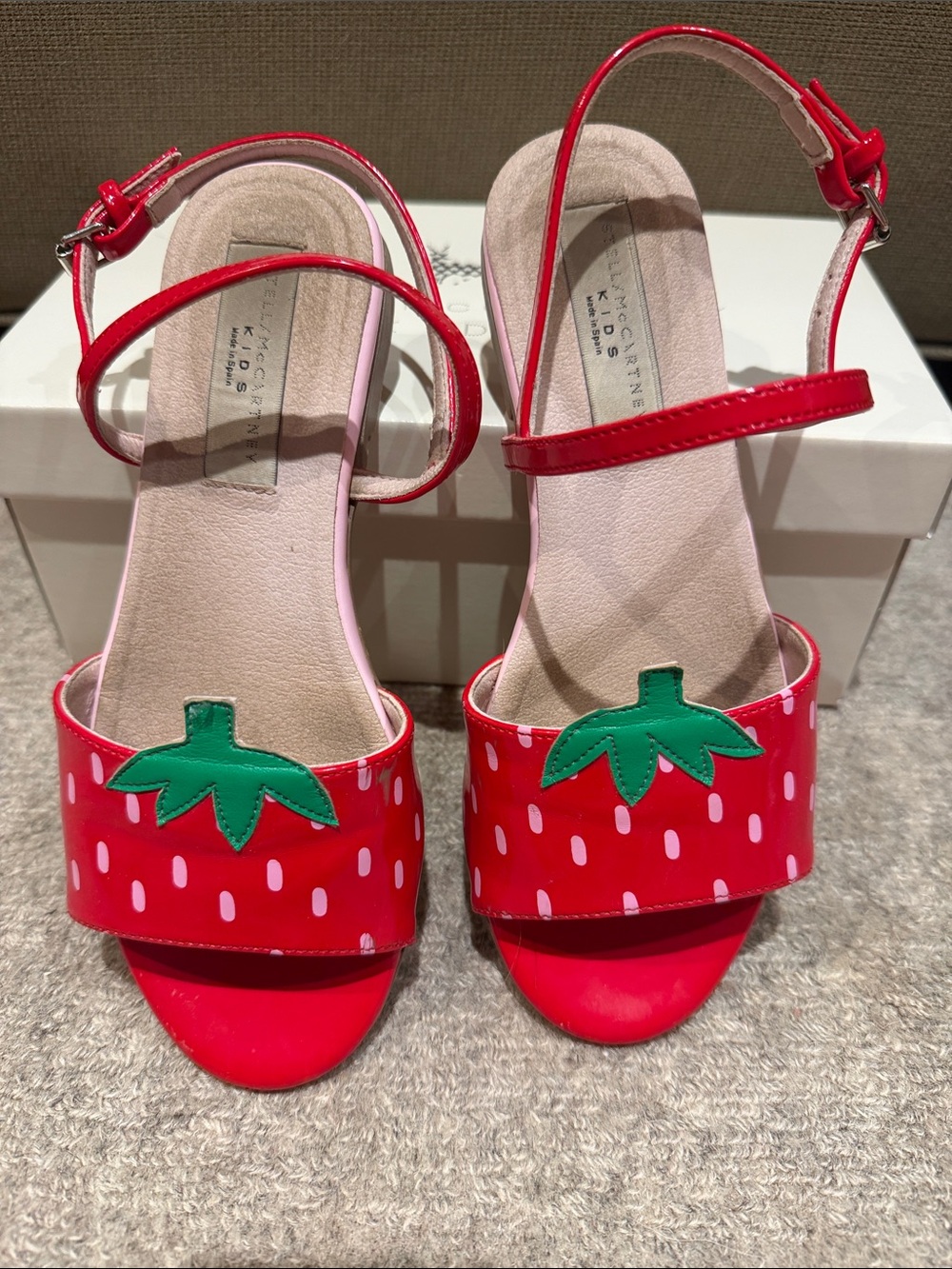 Stella McCartney Red Strawberry Motif Patent Sandals with Green Leaf Detail
